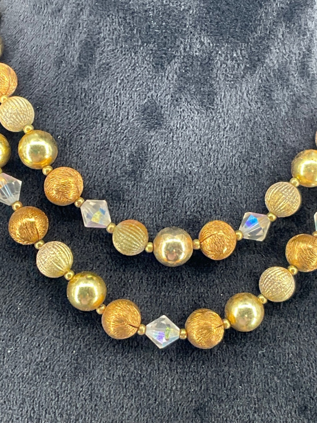 Vintage Lisner Gold-Tone Double Strand Necklace With Textured Beads & Faceted Ac