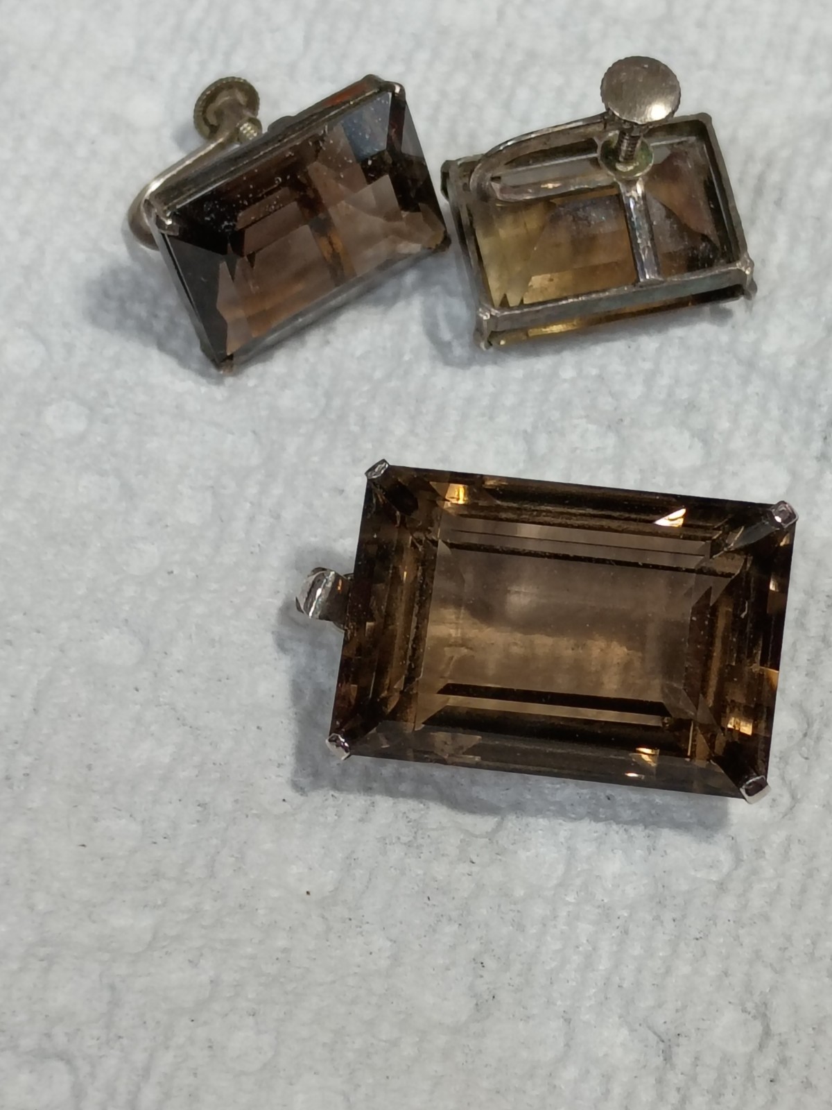 Vintage Emerald Cut Smokey Quartz Pendant And Screw back Earrings Set