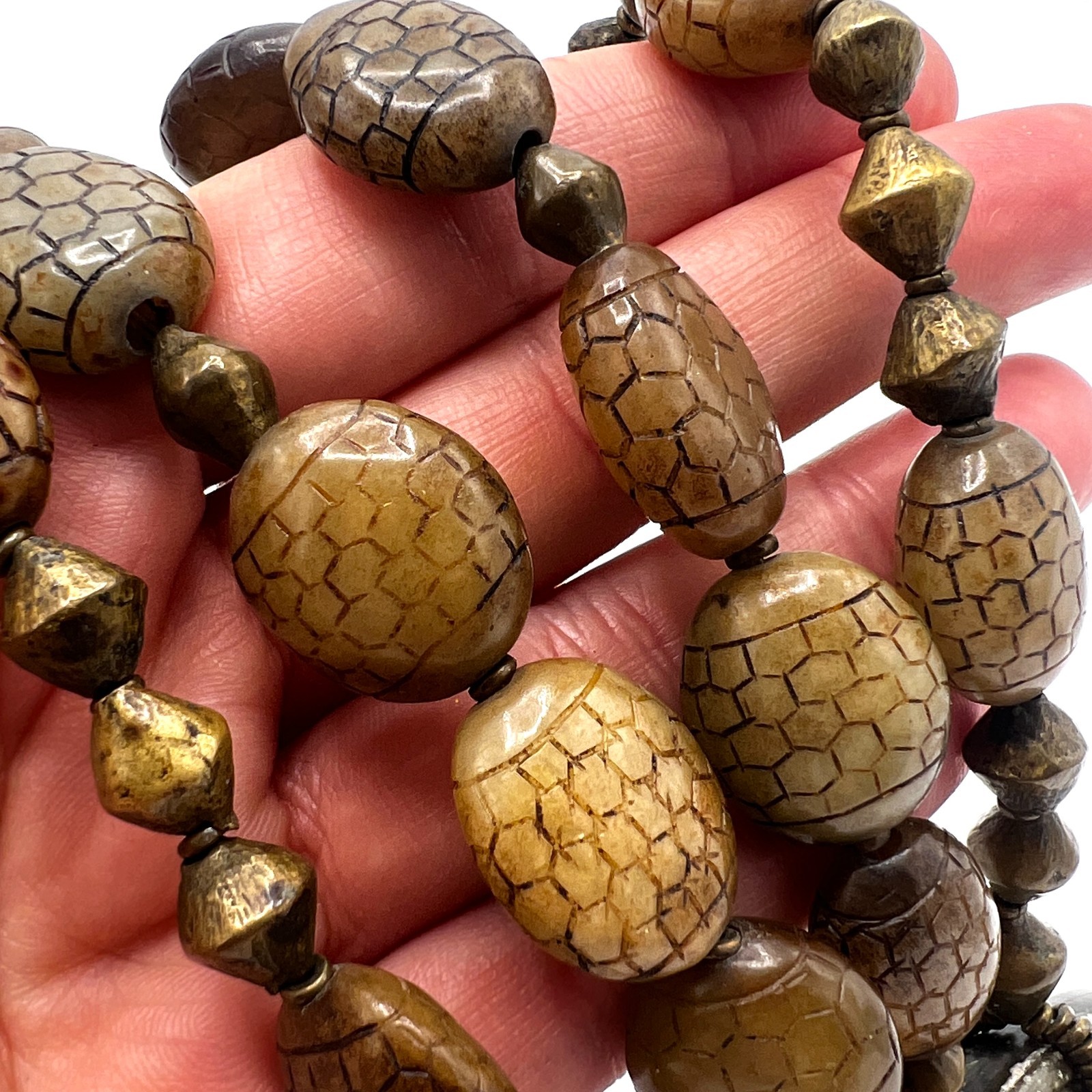 Artisan Carved Stone Medallion Necklace – Two-Strand Mossy Earth Tone Statement