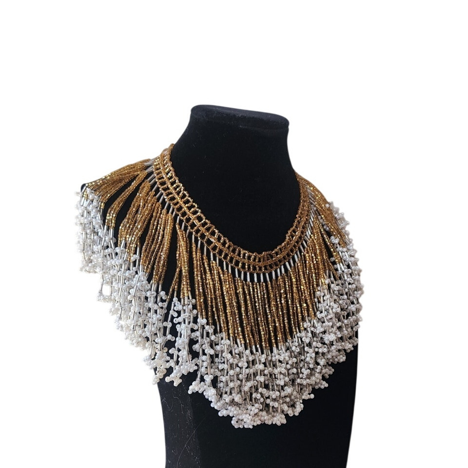 Vintage Bib Necklace Boho Fringed Collar Gold Glass Faux Pearl Beads