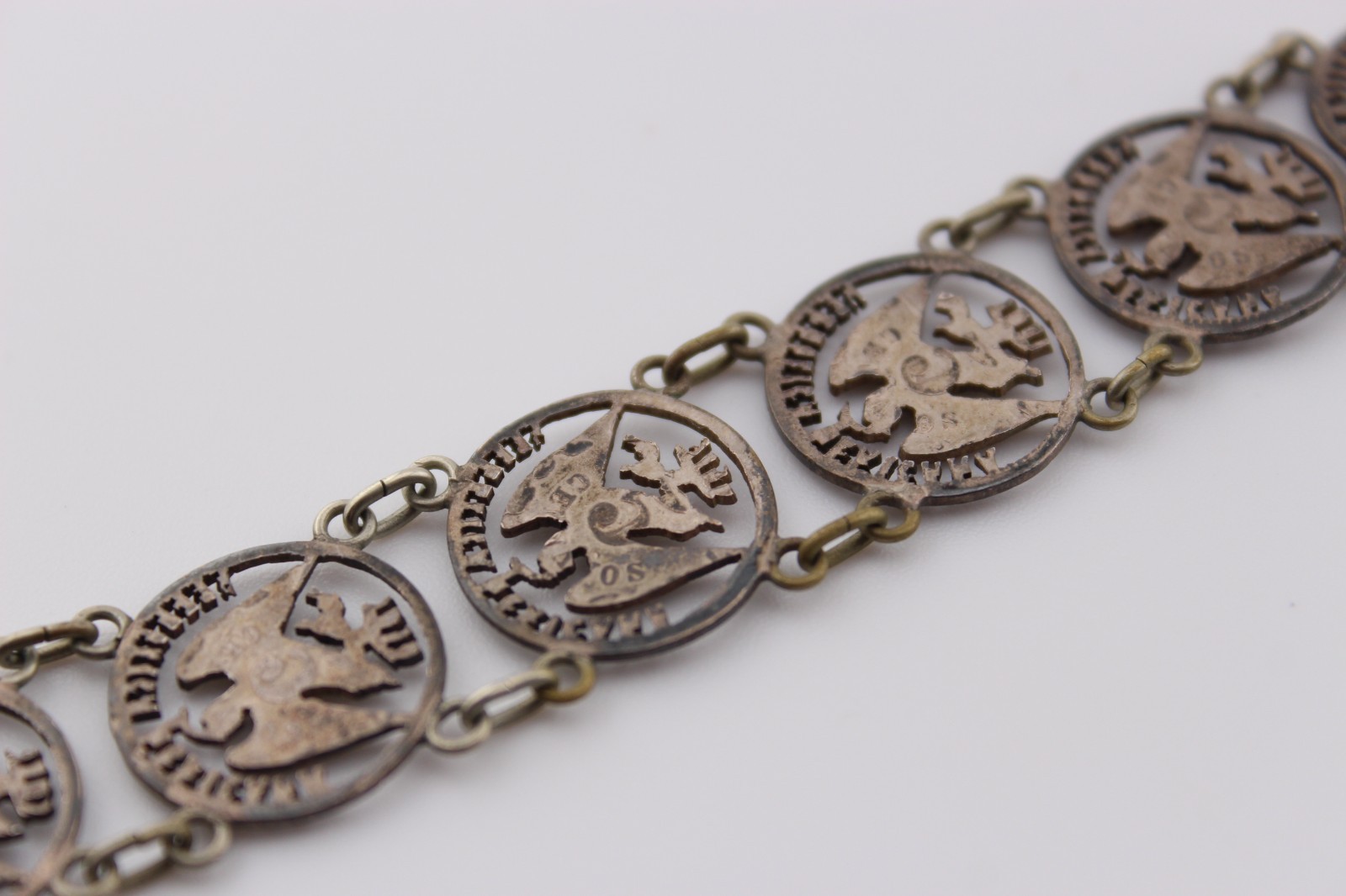 Antique 1880s silver Mexican Republic cut out coin panel bracelet 7.25″