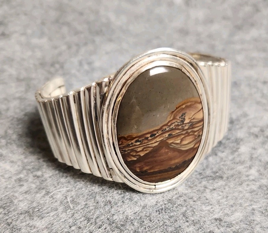 Vintage Navajo Picture Jasper Sterling Silver Cuff Bracelet Small6″ XRF Verified