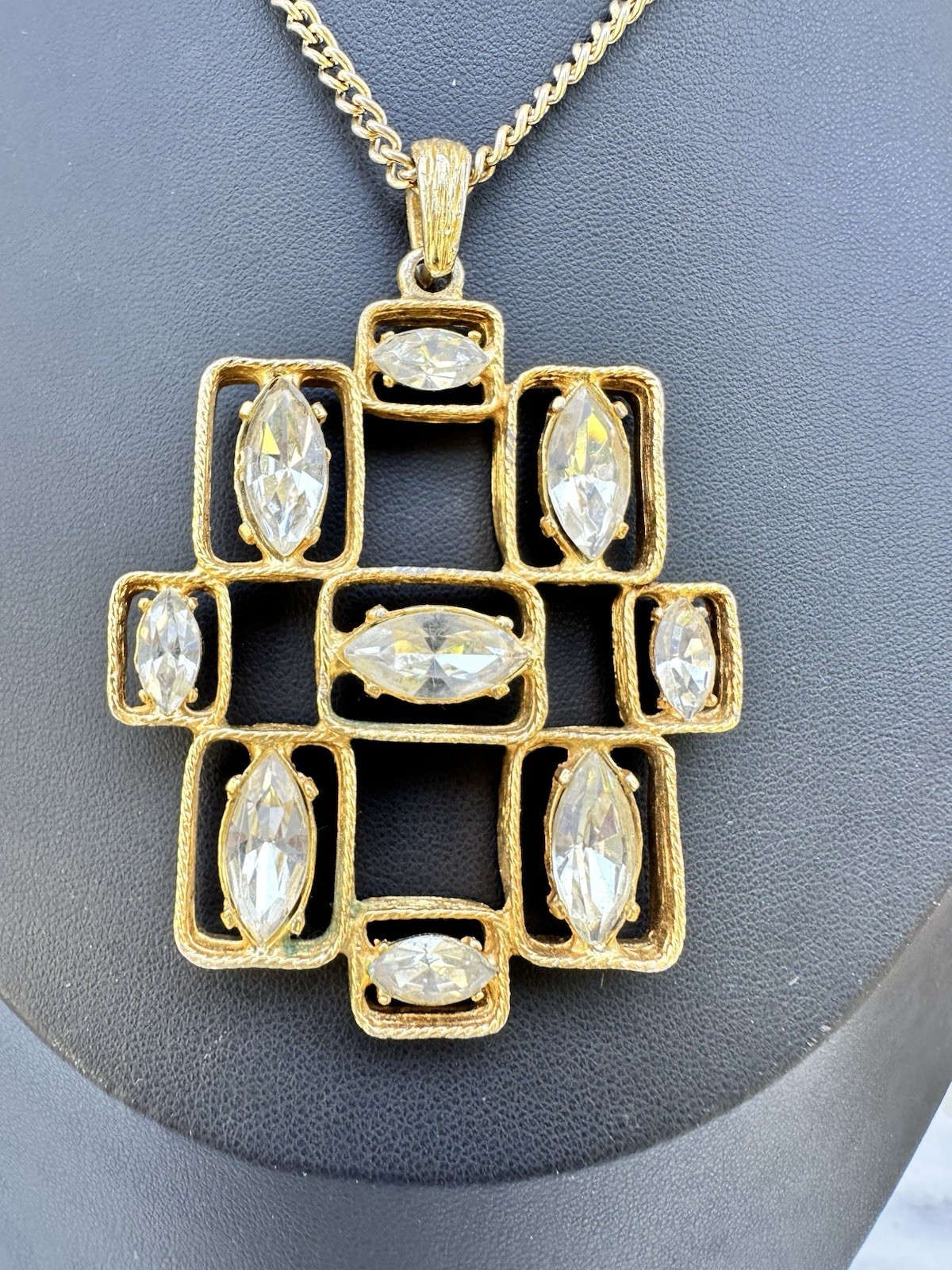 Geometric Mod Rhinestone Necklace Vintage Gold Tone Pendant Modernist Brutalist