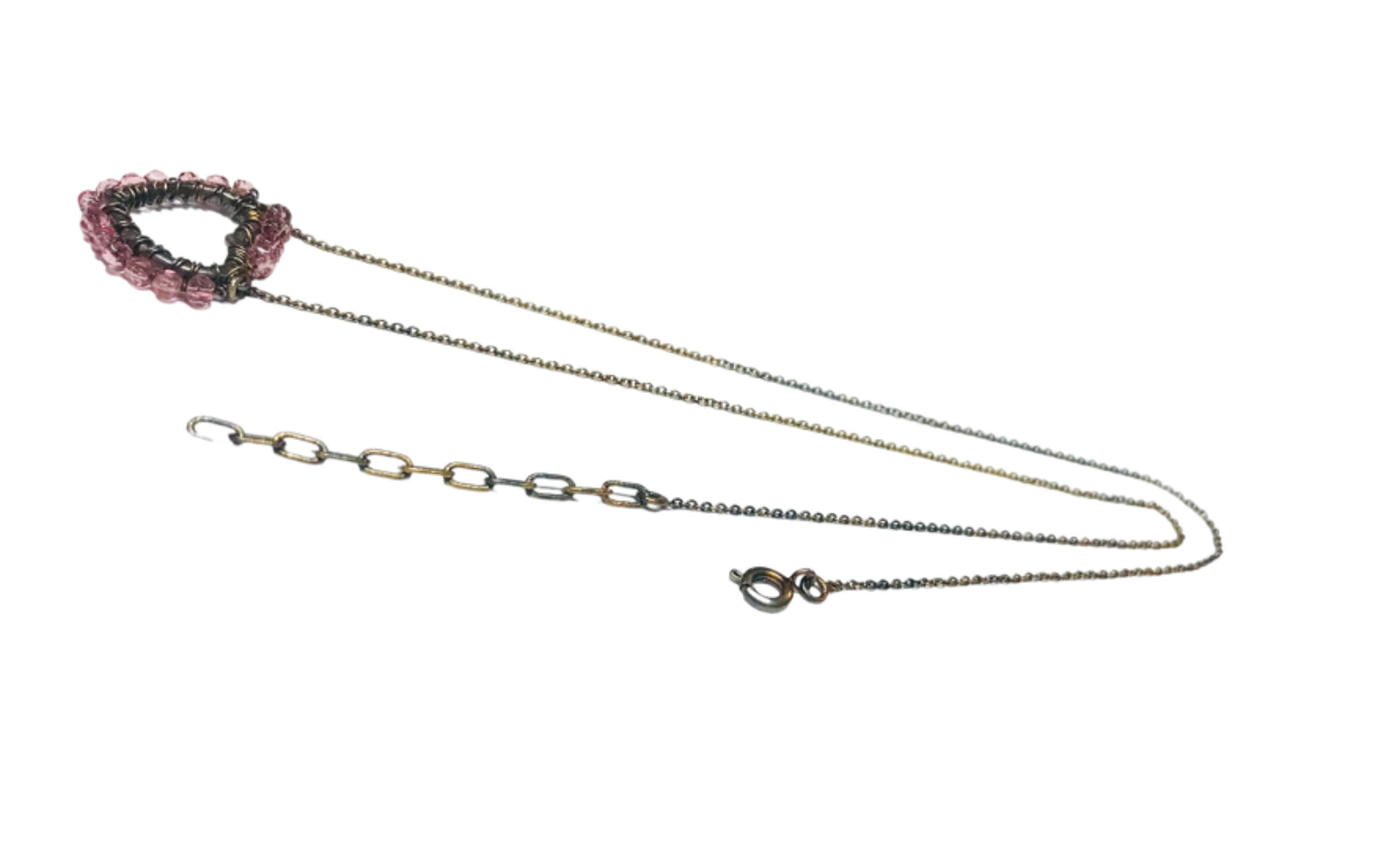 Vintage Antique Gold Tone Wire Wrapped Pink Beads Heart Pendant Necklace 19.5”