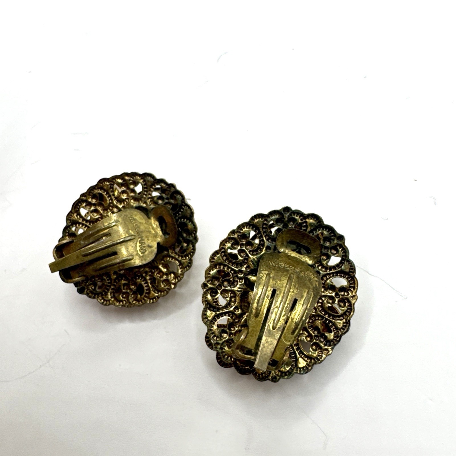 Western Germany Filigree Clip-On Earrings Brass Fuchsia Red AB Rhinestones