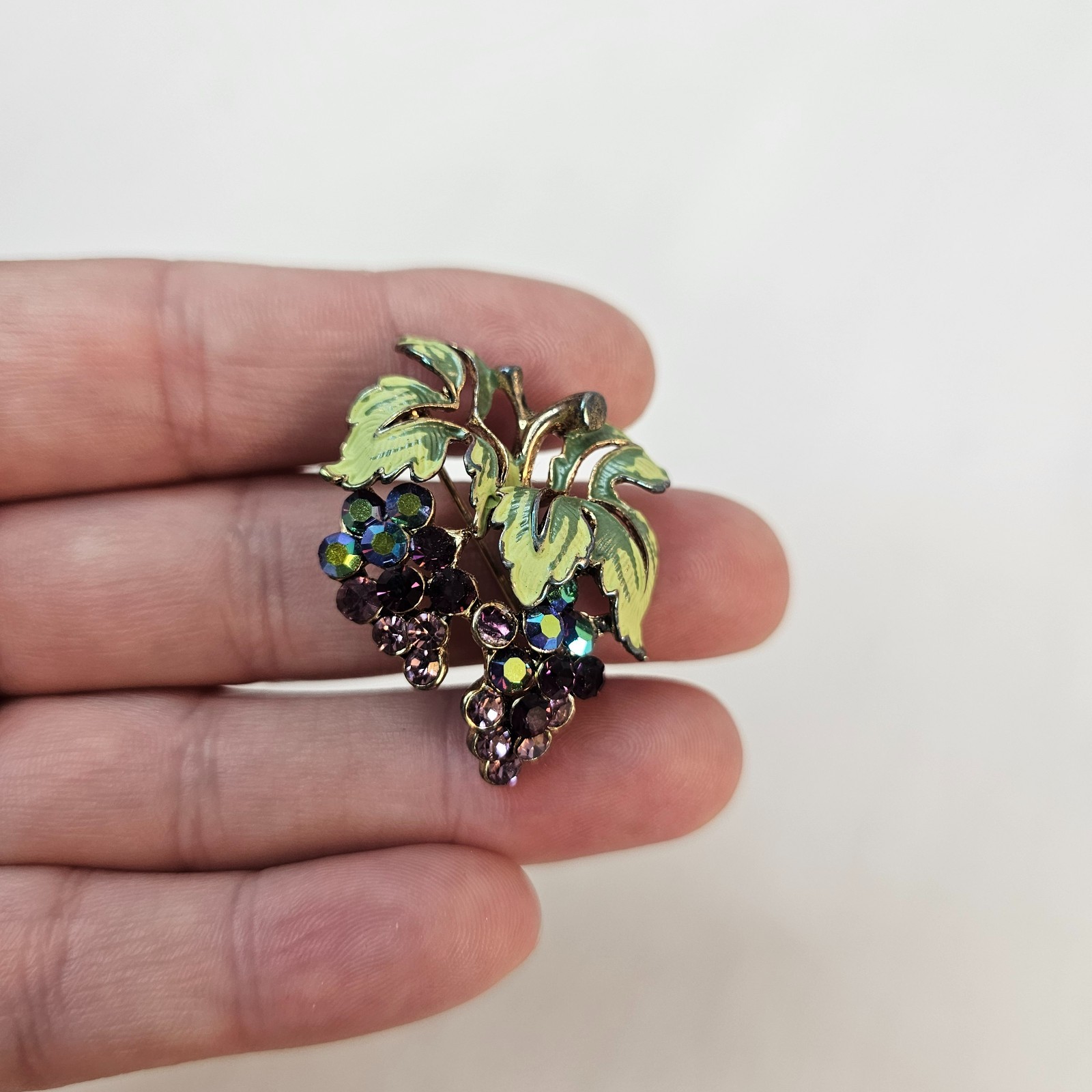 Grape Cluster Scatter Brooch Purple AB Rhinestones Green Leaves Unmarked Pin