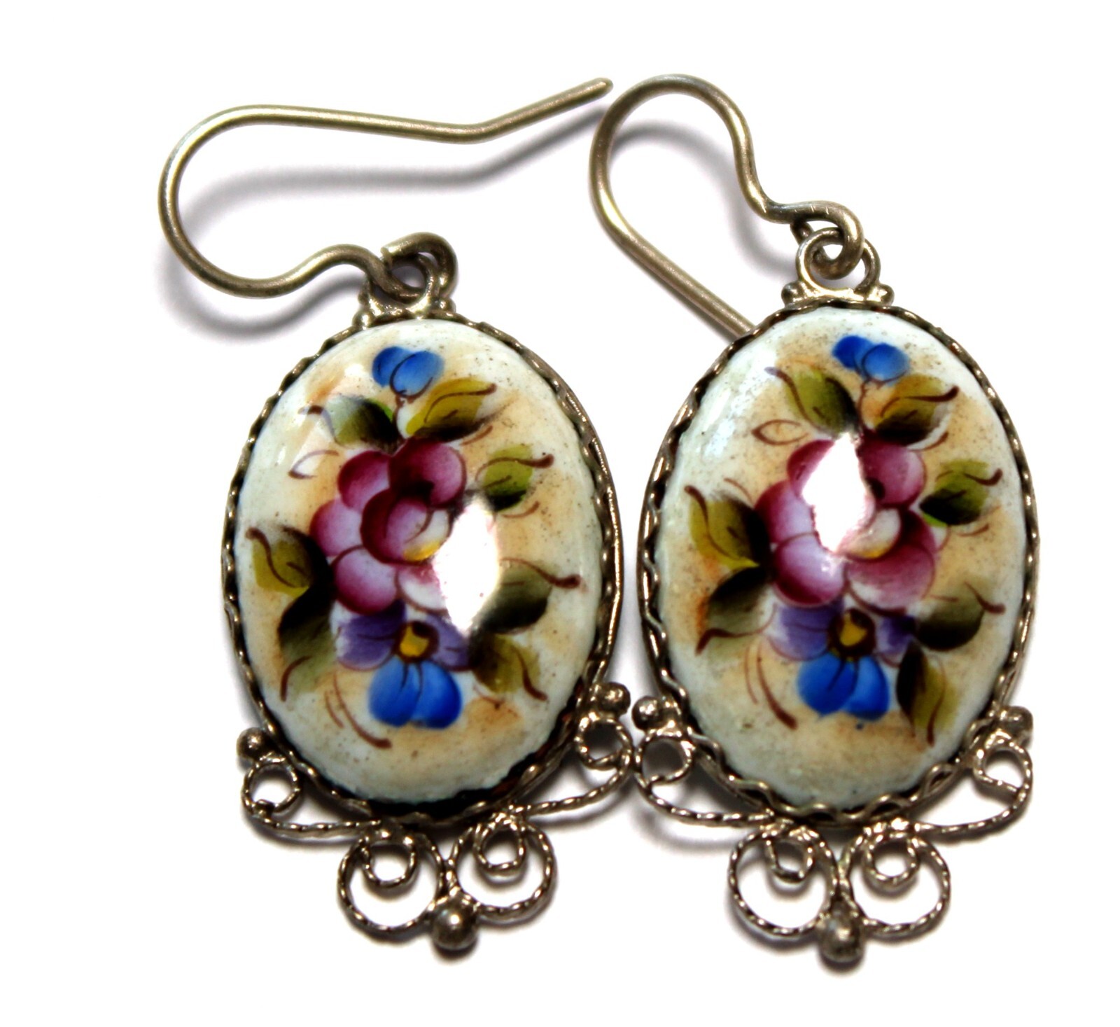 Vintage Unique Russian Enamel Hand Painted Jewelry Set Earrings & Necklace #27a
