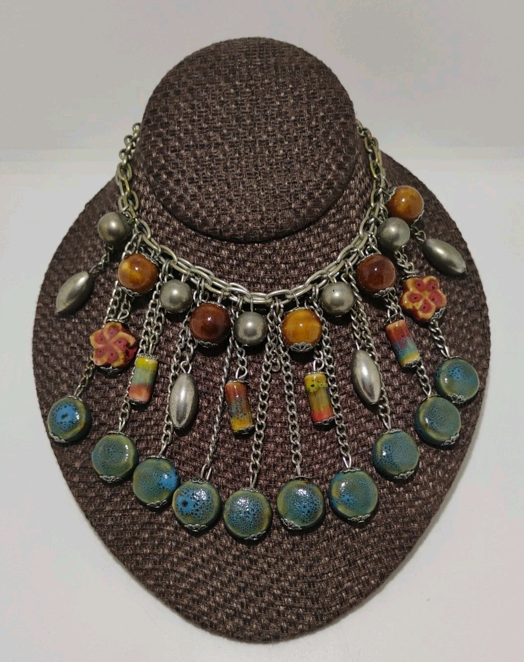Boho Statement Bib Necklace 17″ Multicolor Ceramic Bead Silver Tone Fringe Style