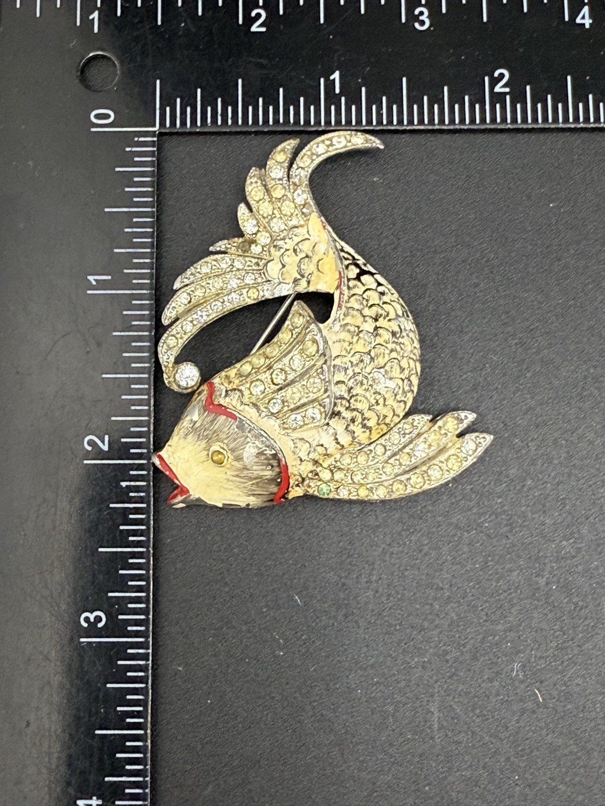 Vintage Pot Metal Brooch Fish Rhinestones Enamel READ