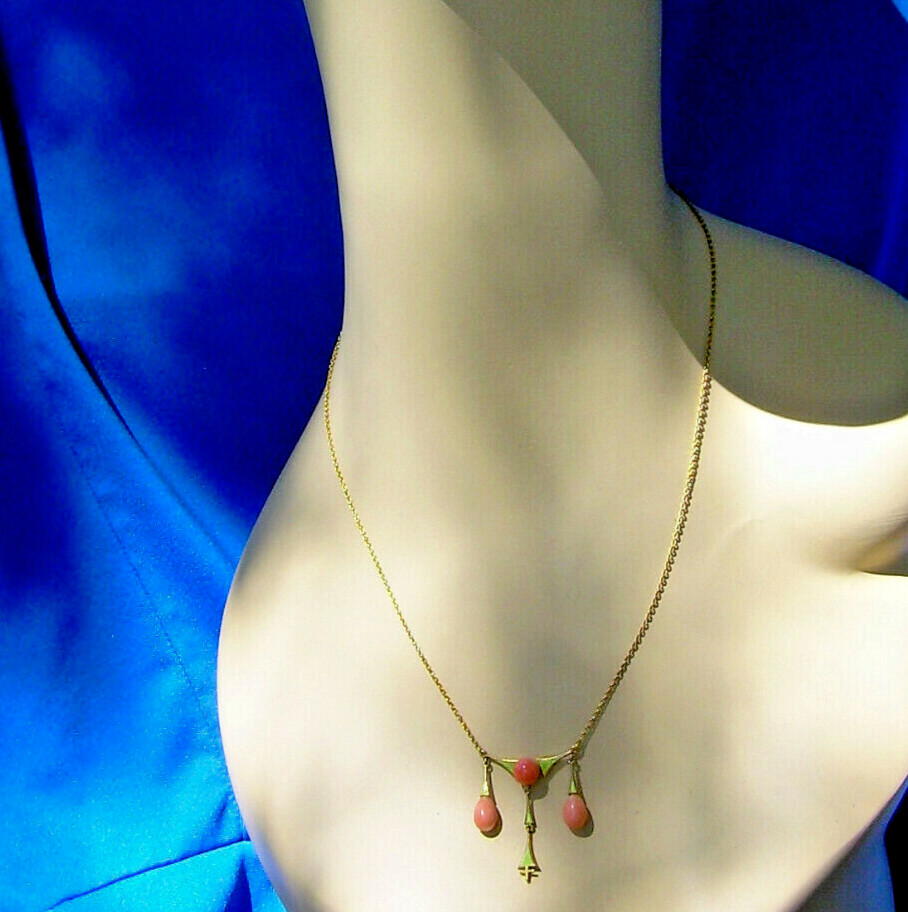 ORIGINAL Art Deco Coral Guilloche Enamel Necklace Solid 14K GOLD 18″ inch Chain