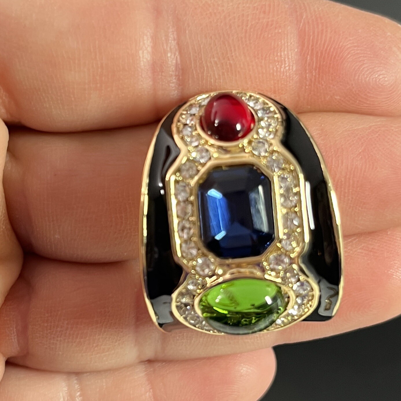 Gripoix Glass Cabochon Earrings Gold Tone Multicolor Half Hoop Huggie Pierced