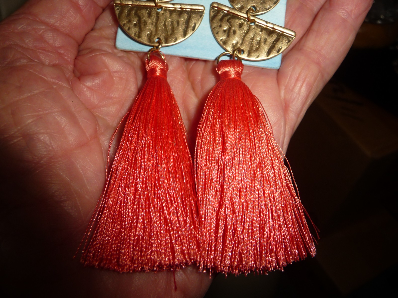 3 3/4”L DANGLE MCM GOLD TONE W LONG ORANGE THREAD TASSEL PIERCED EARRINGS #8/19