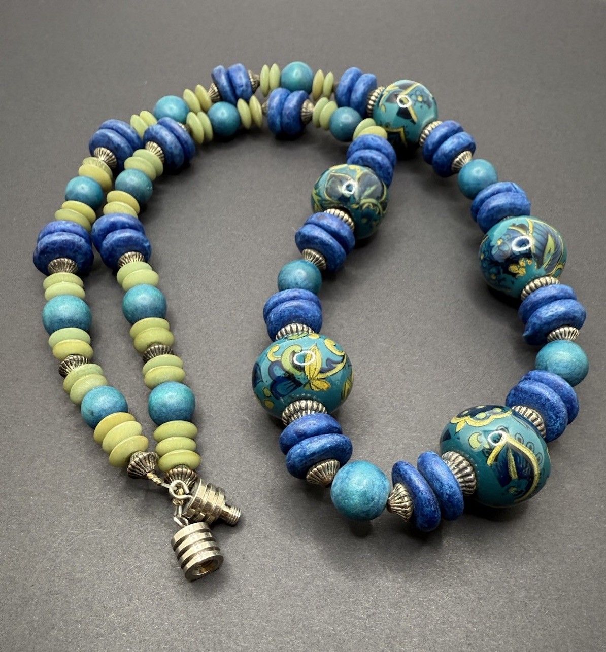 Vintage Beaded Necklace Teal Blue Ceramic Wood Barrel Closure 28” Handcrafted
