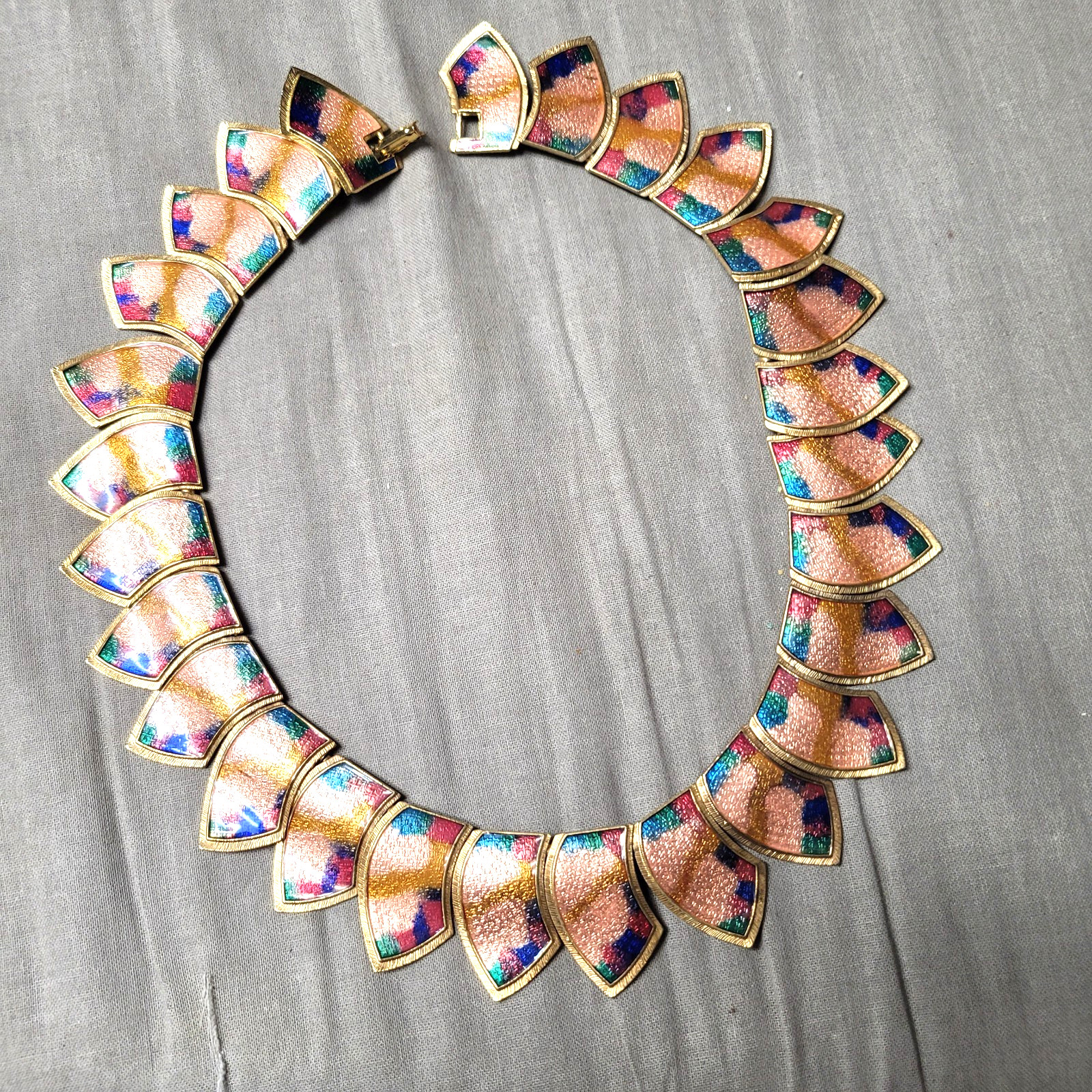 Vintage 1980’s Gold, Red, Green & Purple Enamel Collar Necklace Gold Tone