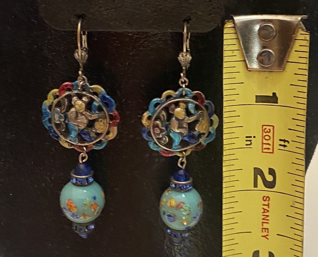 Vintage Asian Themed Colorful Ronde Bosse Enamel Art Glass Rhinestone Earrings