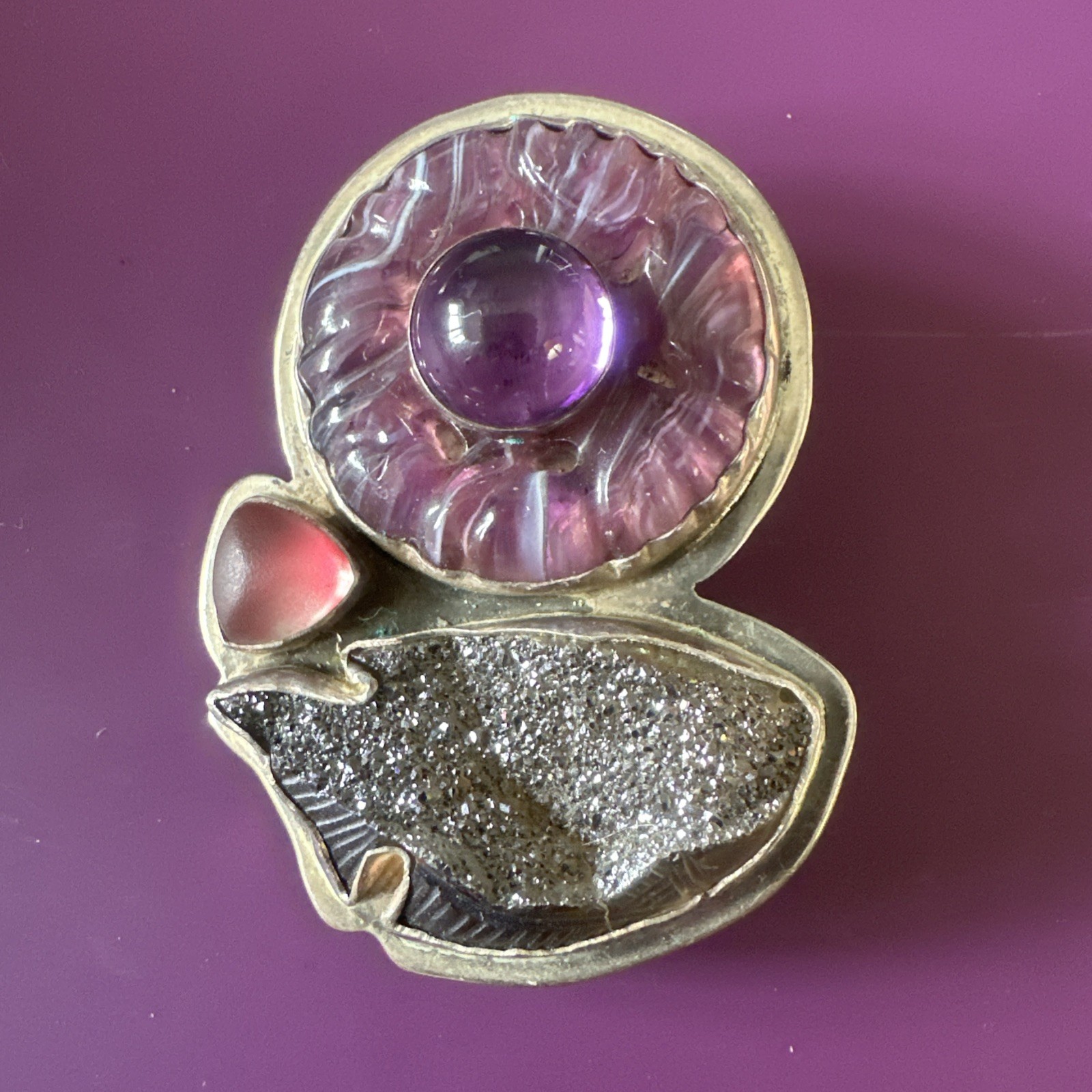 Vintage Rare Pendant Mixed Stones Silver Amy Kahn Russell AKR 2 1/2” Pin/Pendant