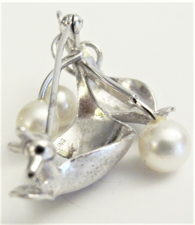 VTG 925 Sterling 3 Real 7mm Pearls Leaf Pin Brooch/ Pendant 5.3 gram 1 1/2″ x 1″