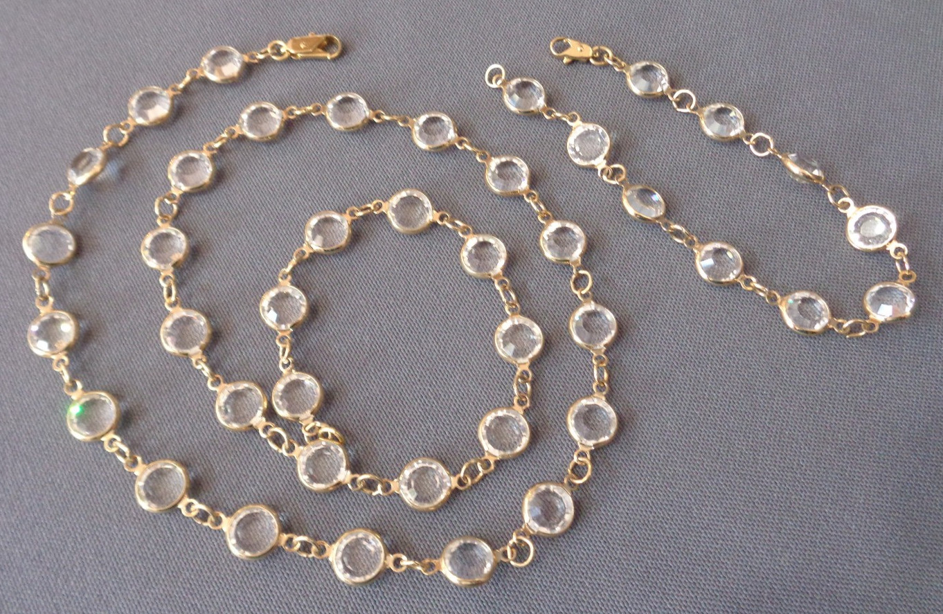 Vintage Necklace & Bracelet Set Bezel Set Faceted Clear Crystals Gold Tone