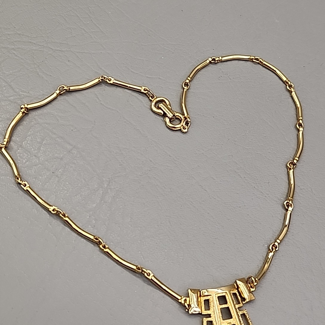 Vintage Modernist Necklace Gold Tone Geometric Dangle Pendant Articulated READ