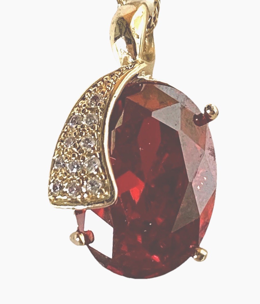 Fine Adj. Gold Plated Necklace with a Large 12 Ct Garnet Pendant 17″ to 18-1/2″L
