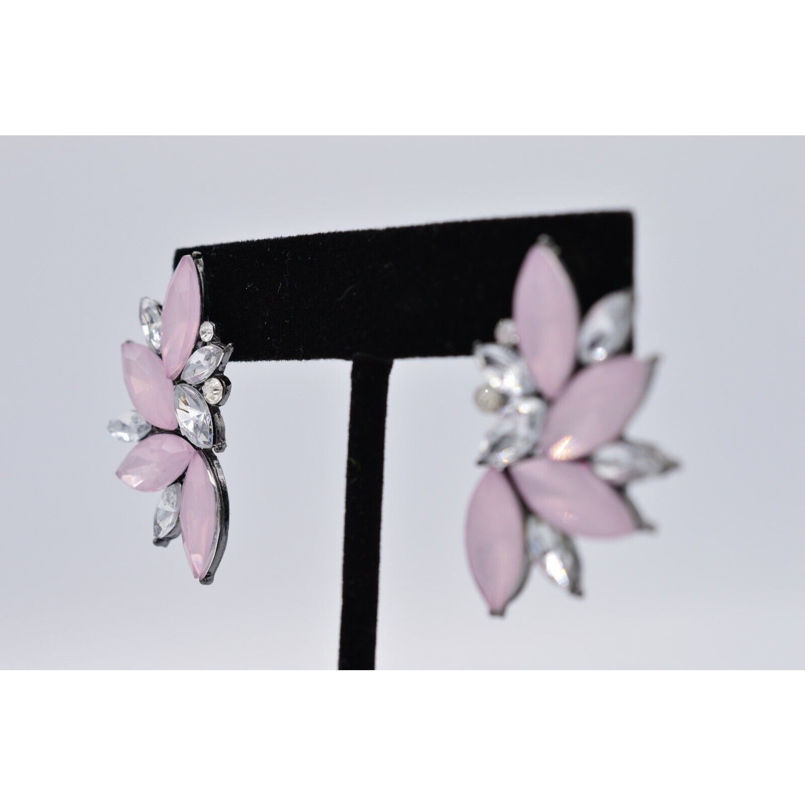 Statement Earrings Rhinestone Crystal Frosted Pink Lucite Marquis Gunmetal Bin4