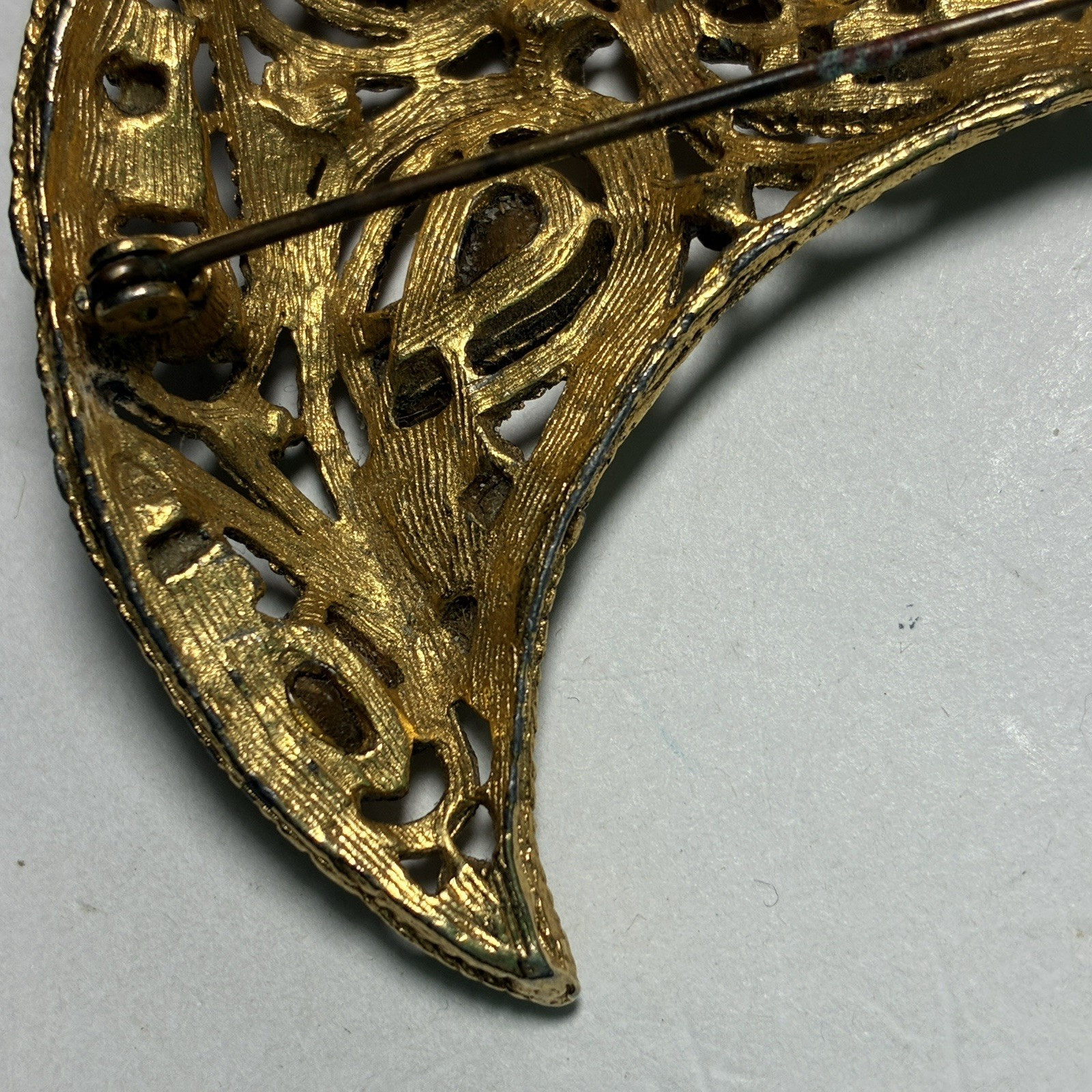 Large Vintage La Roco 1950s Half Moon Crescent Brooch Lapel Pin Faux Amber