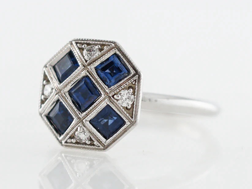 Vintage Right Hand Ring Retro 1.10 Ct Square Cut Lab Sapphire Diamond in Silver