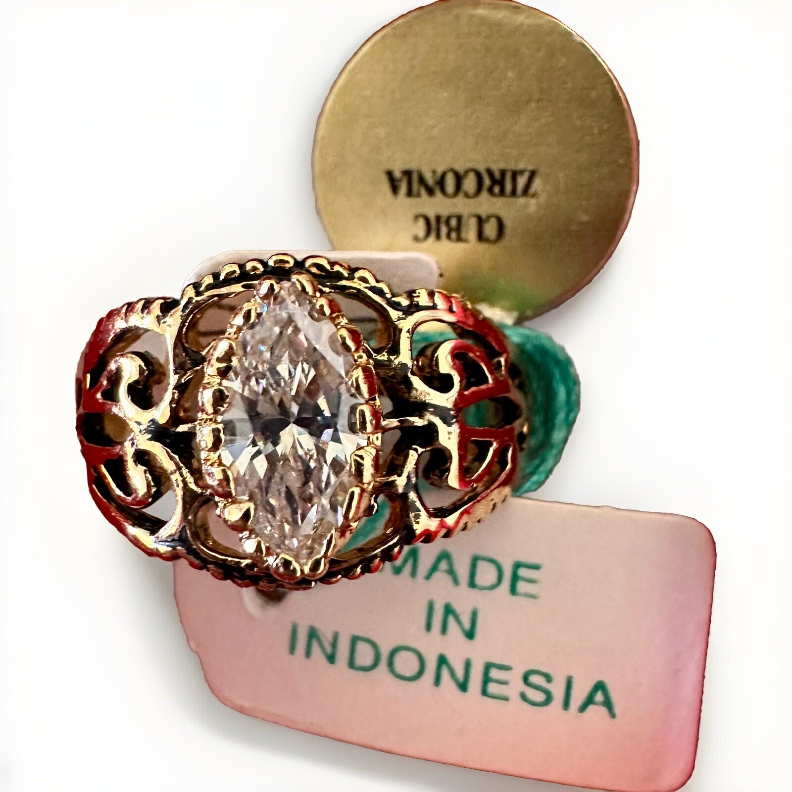 NEW Vintage Cubic Zirconia 14K Dura-Klad Gold Electroplate Cocktail Ring Sz. 9