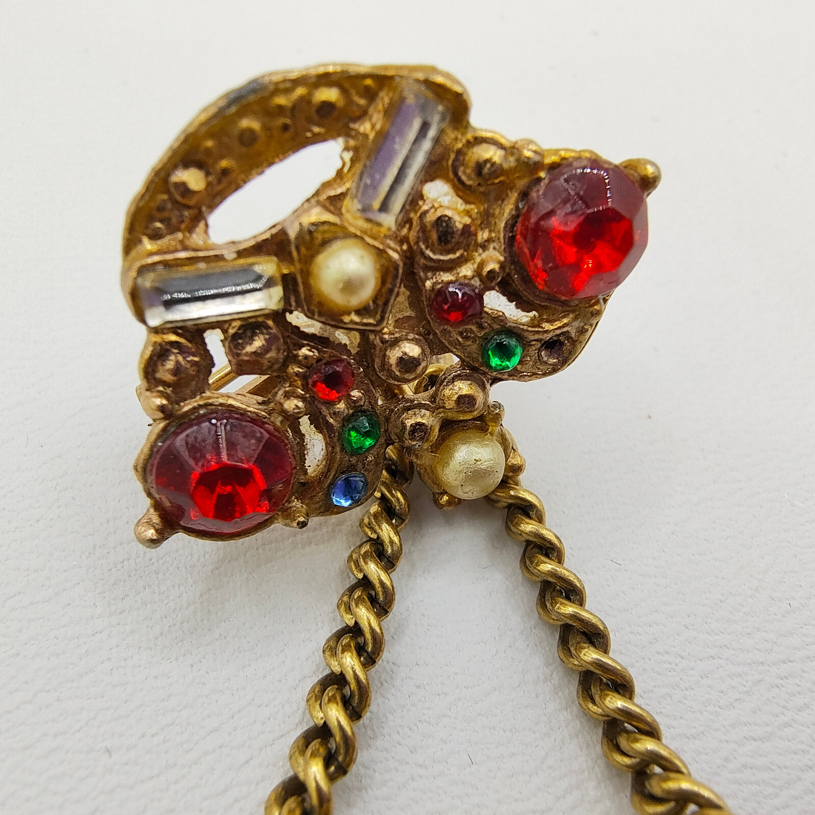 Vintage Purse Pill Box Brooch Pin Gold Tone Chatelaine Multicolor Rhinestone