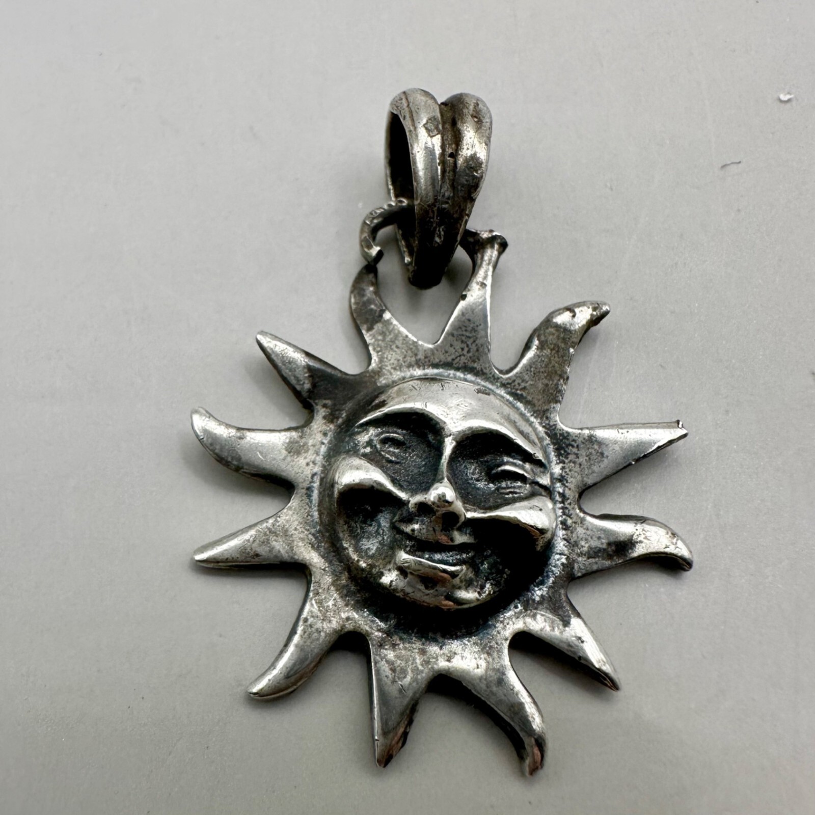 Happy Sun Face Pendant Celestial God Cast Sterling Silver Marked 925 Tilted Bail