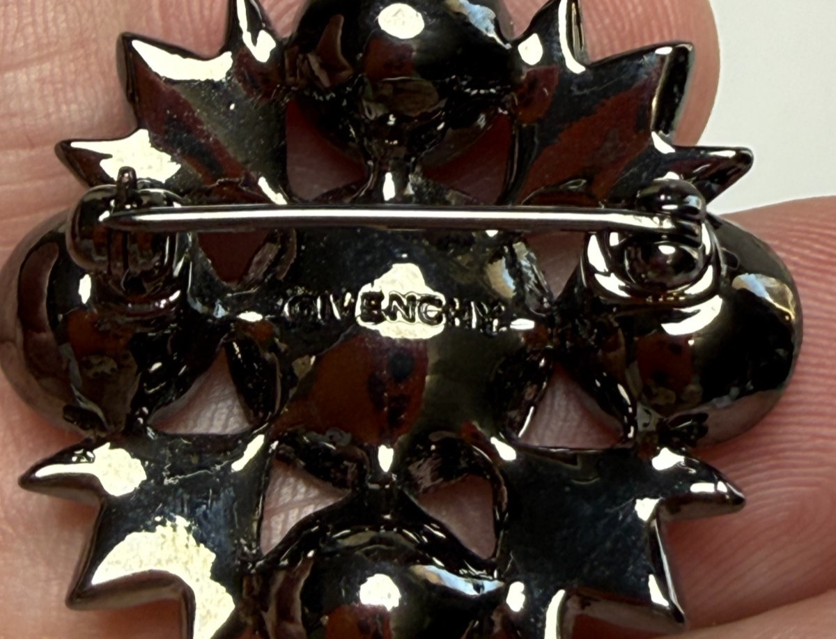 Signed Givenchy Brooch Dark Purple & Pink Rhinestone Crystals Gunmetal Starburst