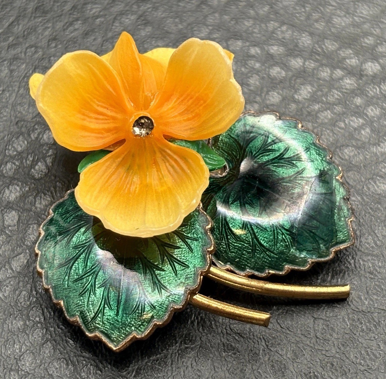 Vintage Yellow Pansy Flower Brooch Rhinestone Green Enamel Leaves Gold Tone Pin
