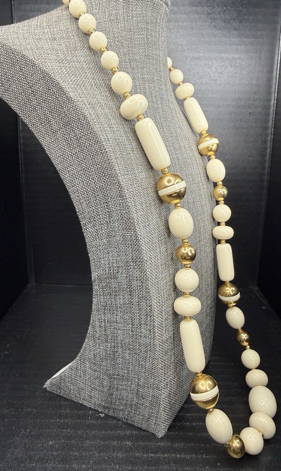 Vintage Trifari Glass Beaded Off White with Gold Chunky Statement Necklace
