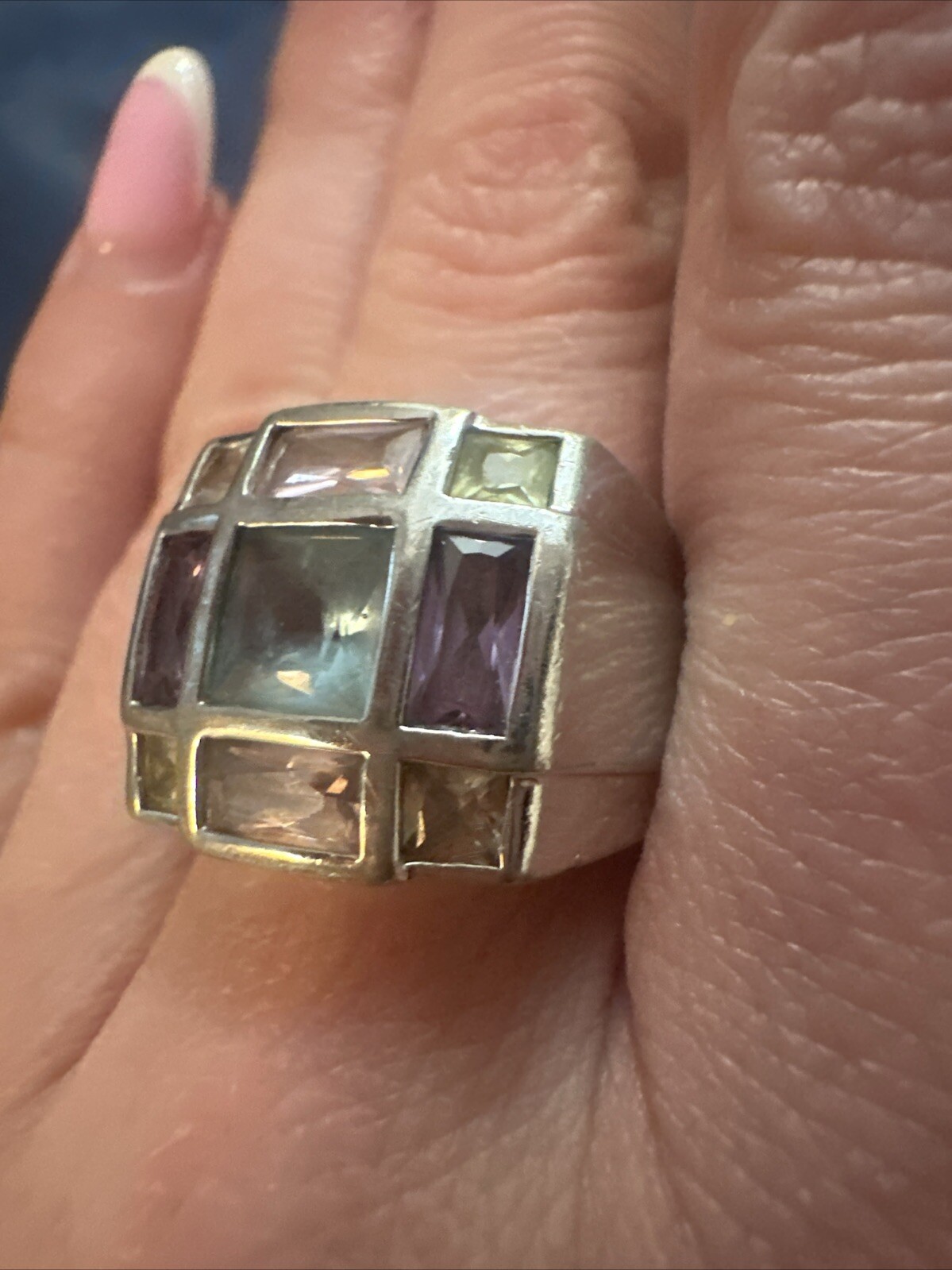 DESIGNER FAS STERLING SILVER PASTEL MULTI COLOR TOPAZ SQUARE CUT RING