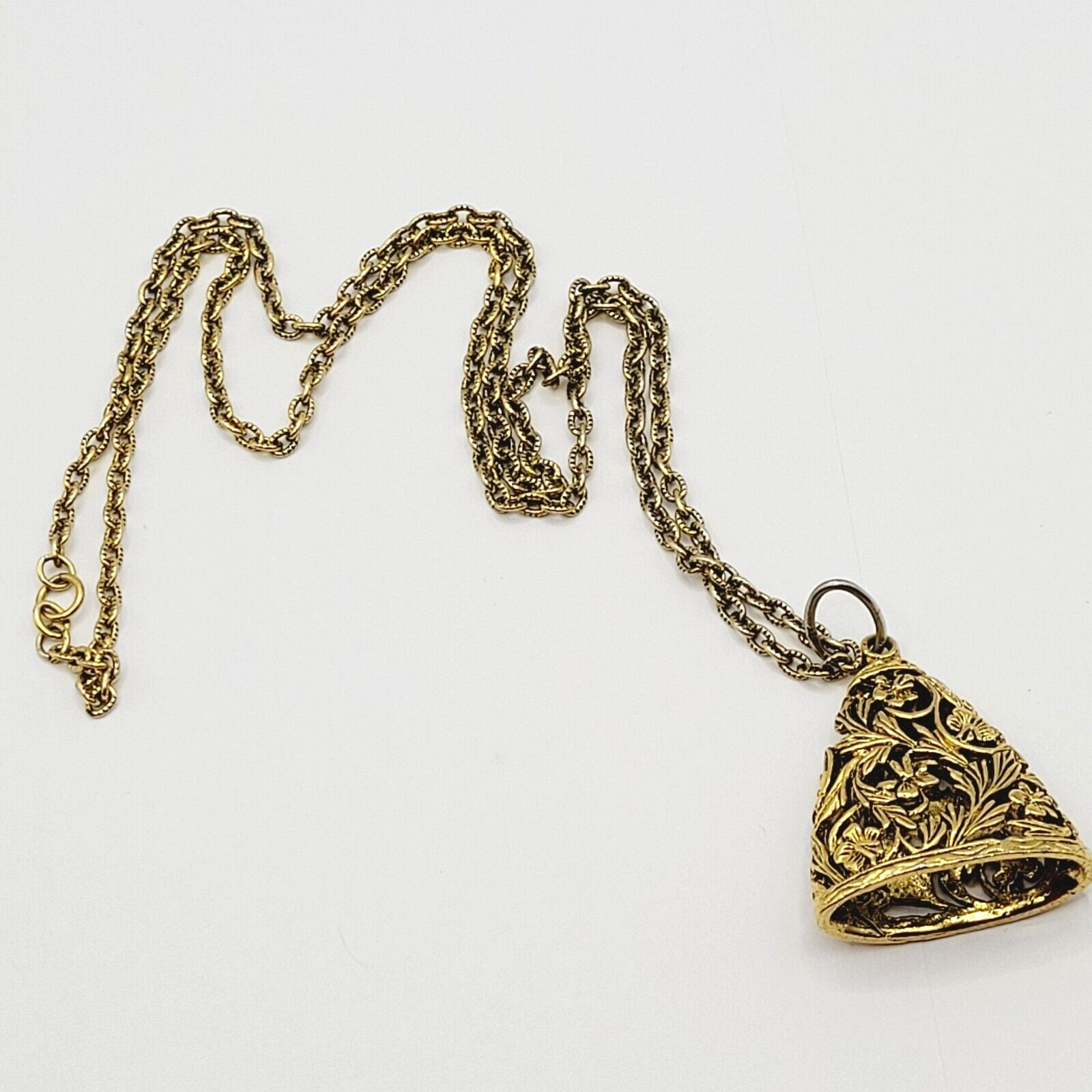 Renaissance Floral Triangle Filigree Pendant Necklace Gold Tone NO CLASP 24 Inch