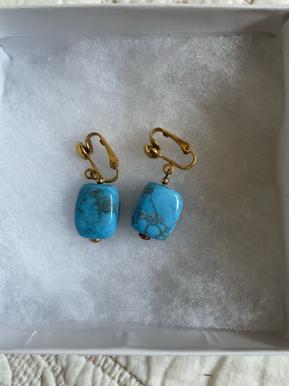 Gold Tone Clip Back Faux Turquoise Earrings