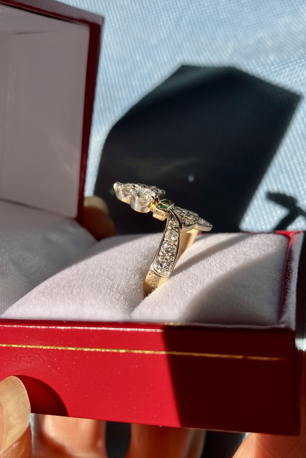 Art Deco French Duchess 18K Diamond And Emerald Ring