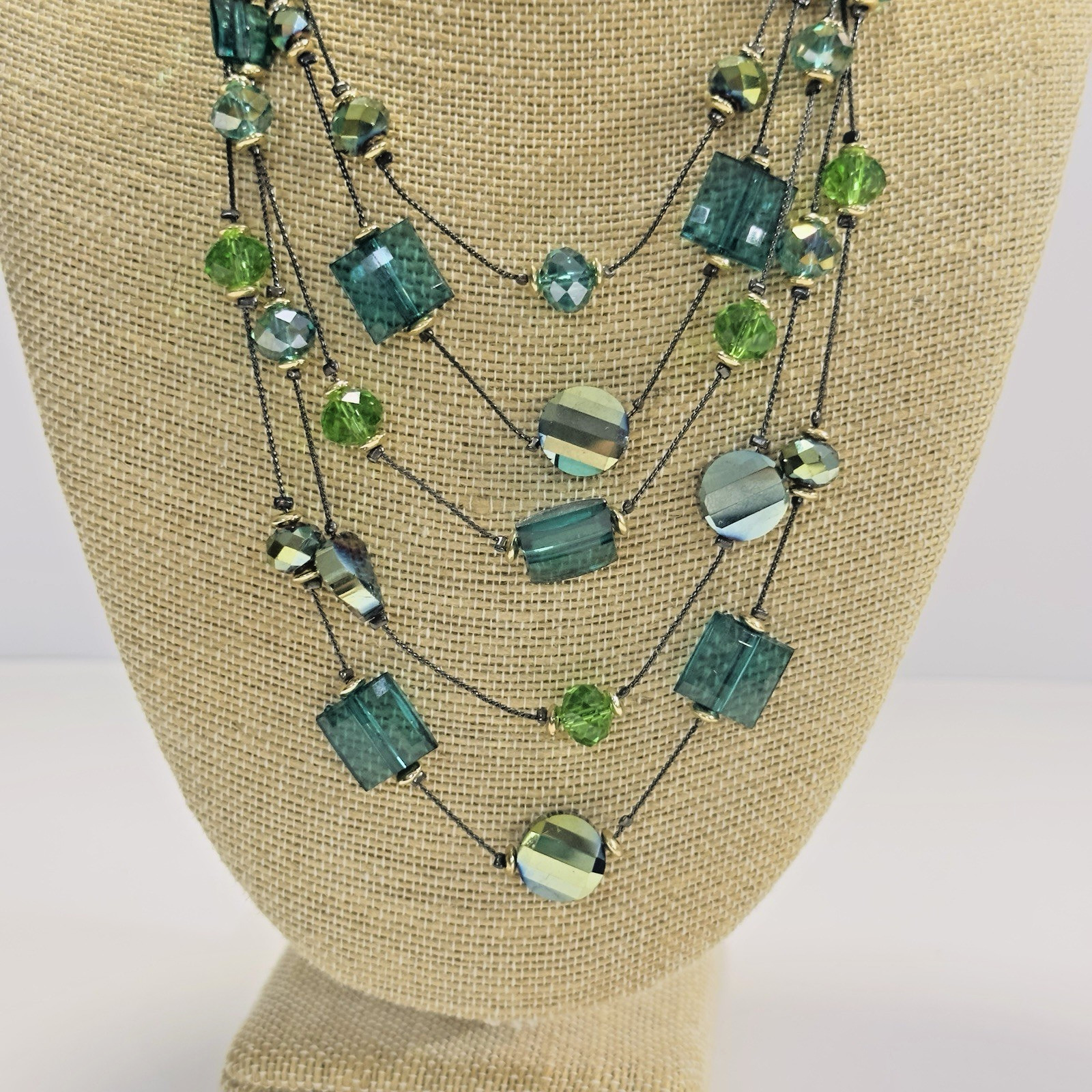 5 Strand Necklace Green Acrylic Glass Beads Black Wire Like Chain 11″ Faceted