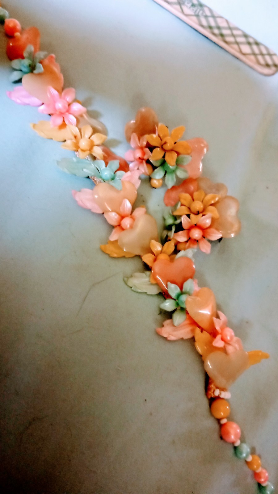 Vintage Made In Germany Plastic Flowers And Hearts Set Necklace Earrings Old