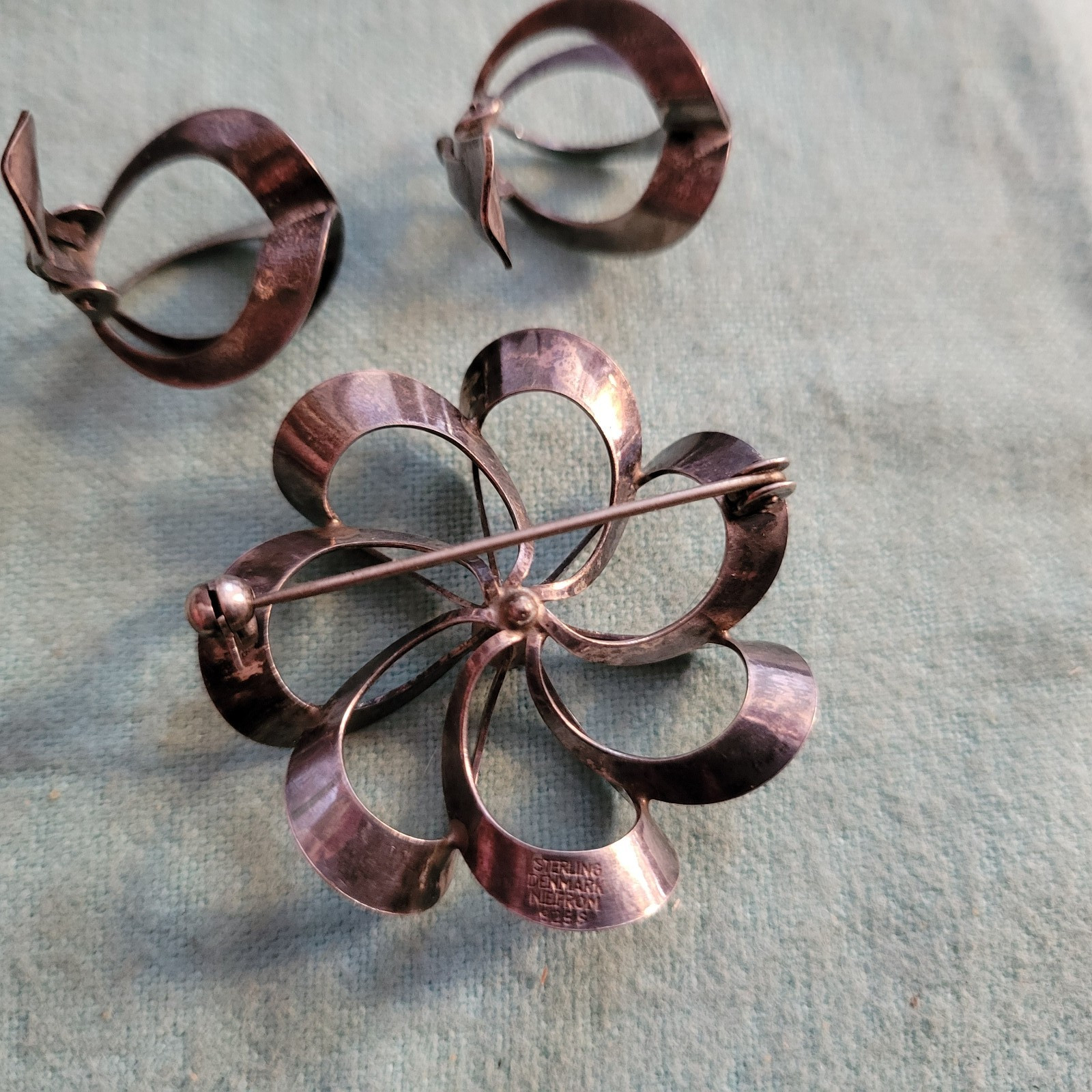 N. E. From Signed Sterling Abstract Modern Floral Brooch and Earrings DENMARK