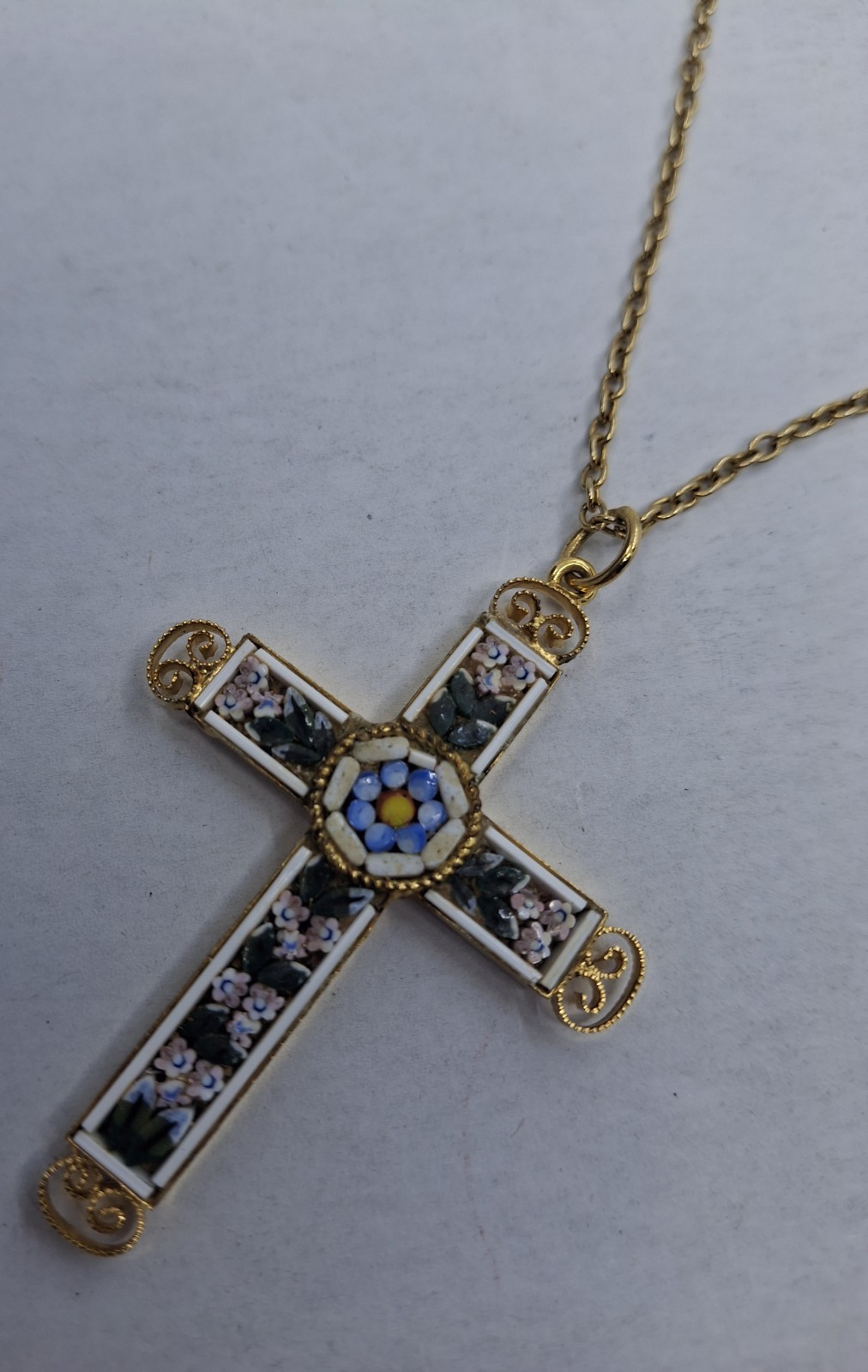 Vintage Italian Signed Micro Mosaic Gold-Plated Filigree Cross Pendant Necklace