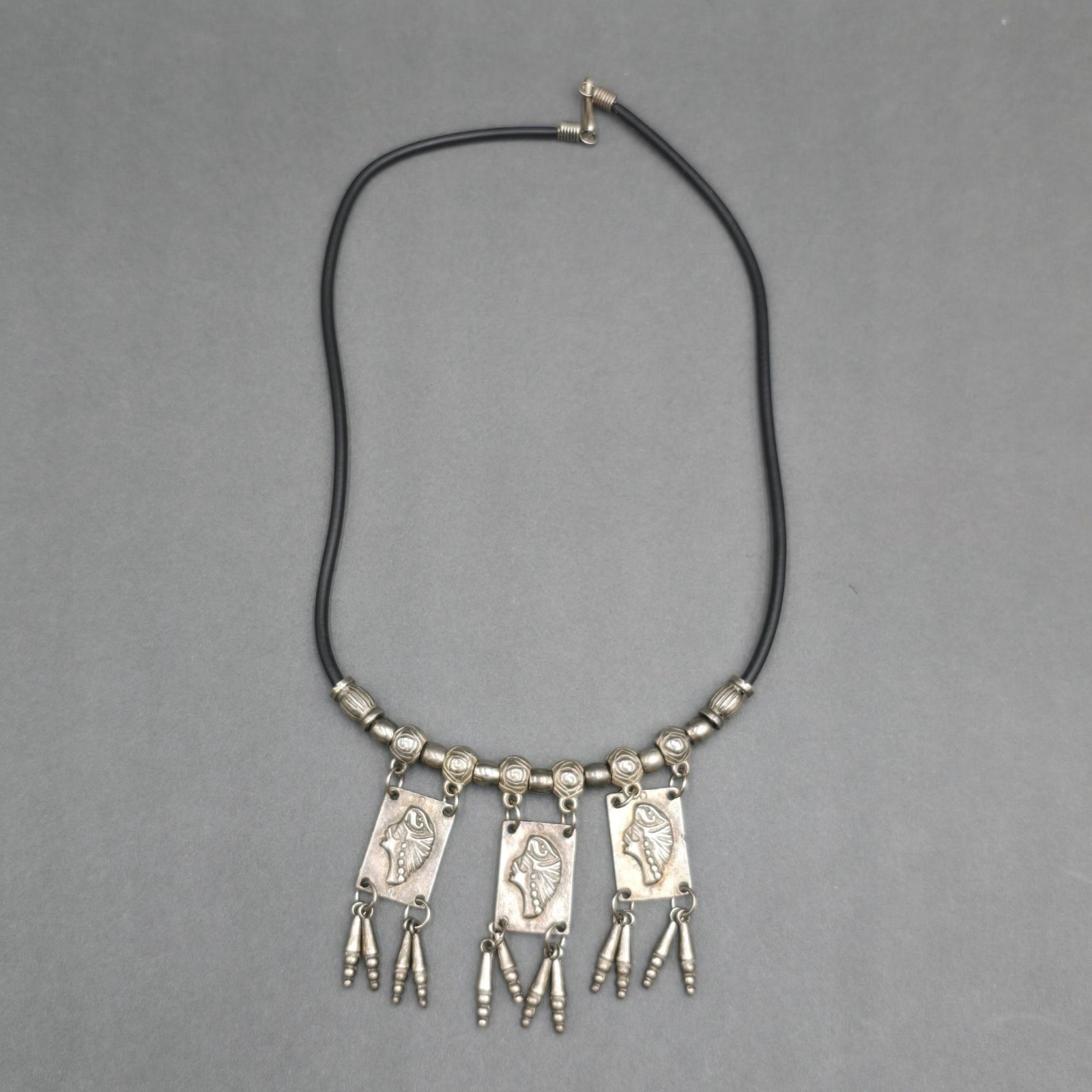 Vintage Tribal Panel Fringe Necklace Silver Tone Leather Cord Boho Statement