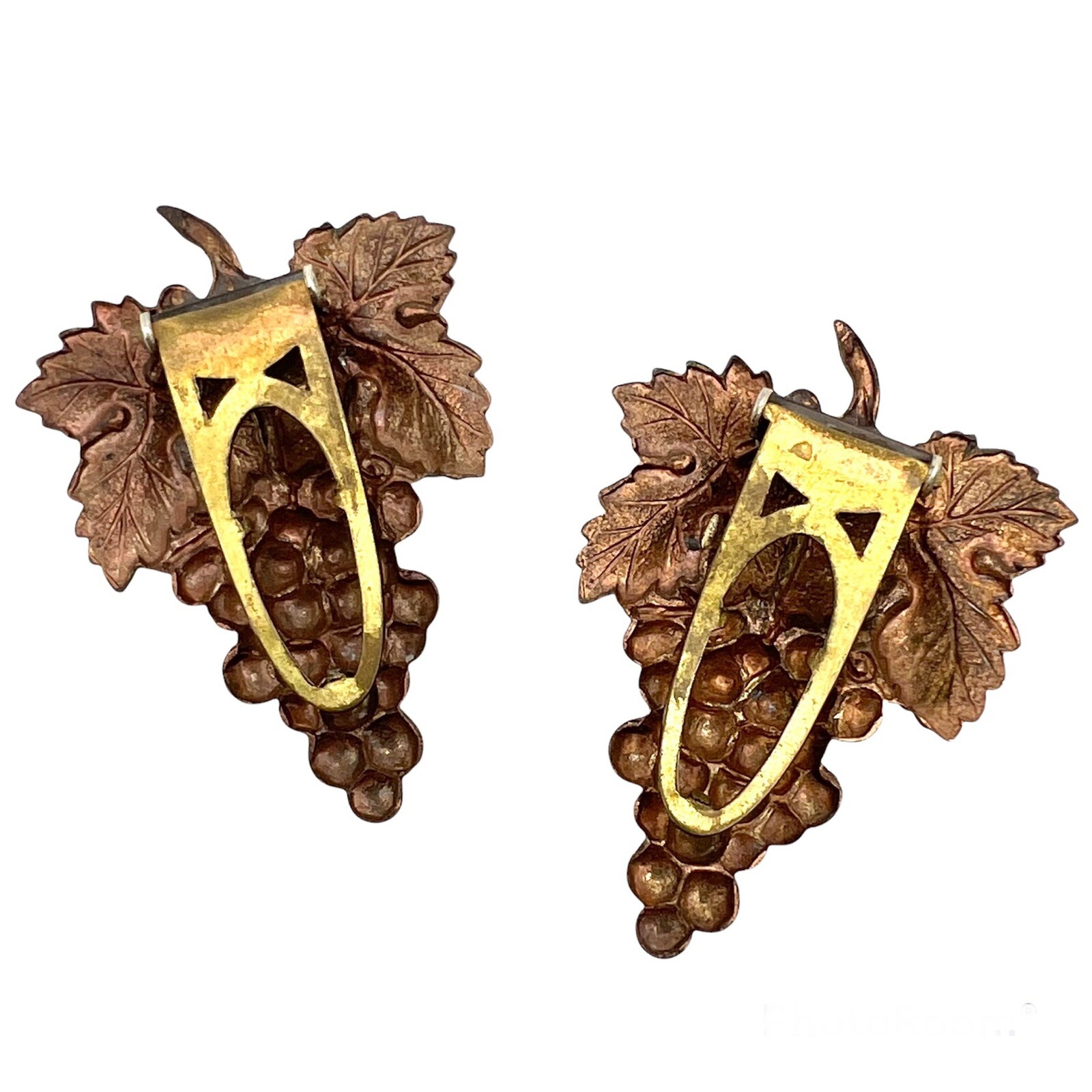 Vintage 1930s Copper Color Bunch of Grapes Vineyard Wine Dress Clips PAIR