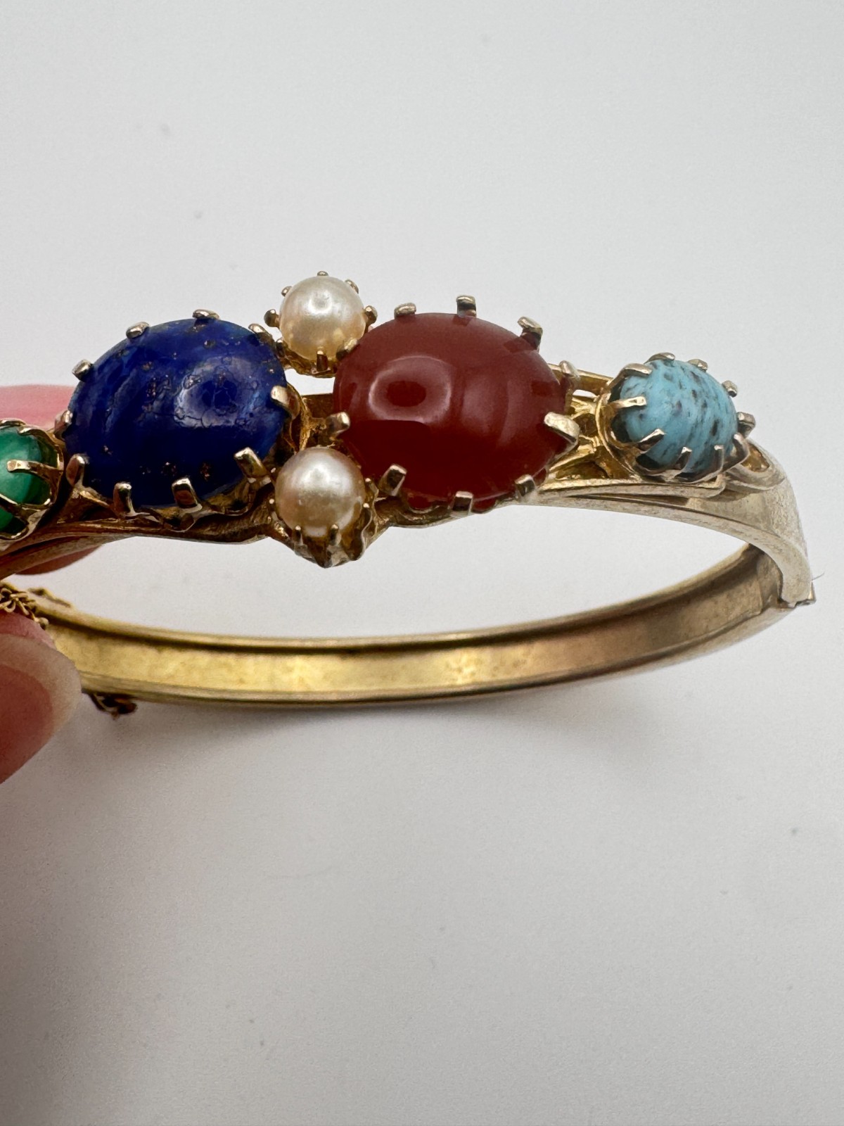 Vintage Cabochon Bracelet Green Blue Hinged Bangle Victorian Revival