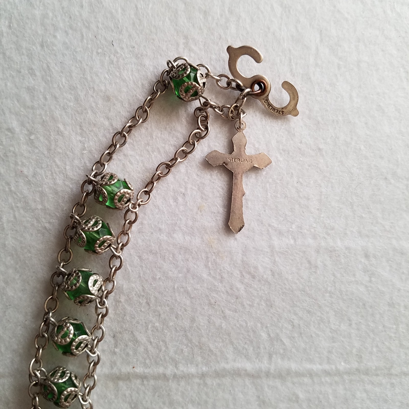 Vintage Sterling Chain Capped Green Bead Rosary Bracelet
