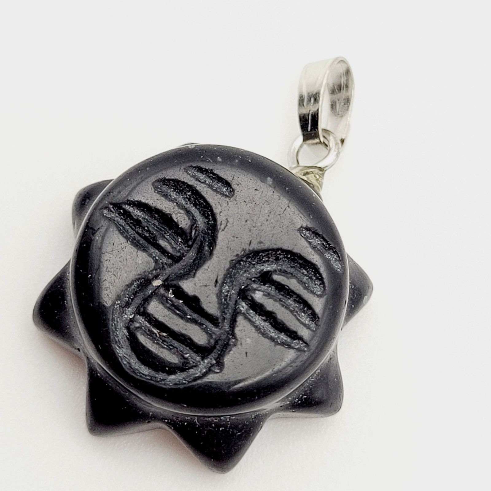 Obsidian Sun Face Black Carved Stone Silver Tone Bail Pendant Charm No Chain