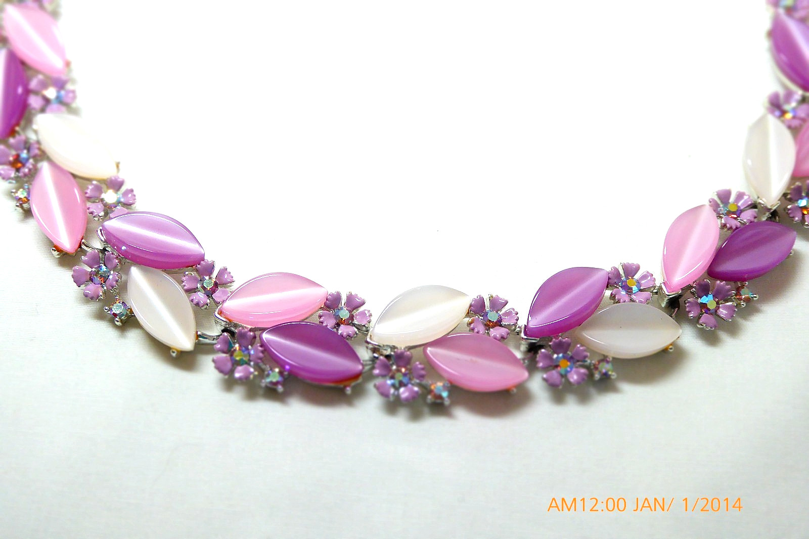 RARE LISNER LAVENDER MOONGLOW THERMOSET ENAMEL RHINESTONE NECKLACE EARRINGS