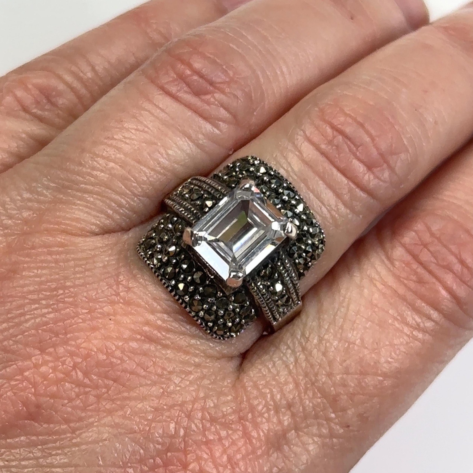 Emerald Cut CZ and Marcasite Sterling Silver Engagement Ring – Size 7.5