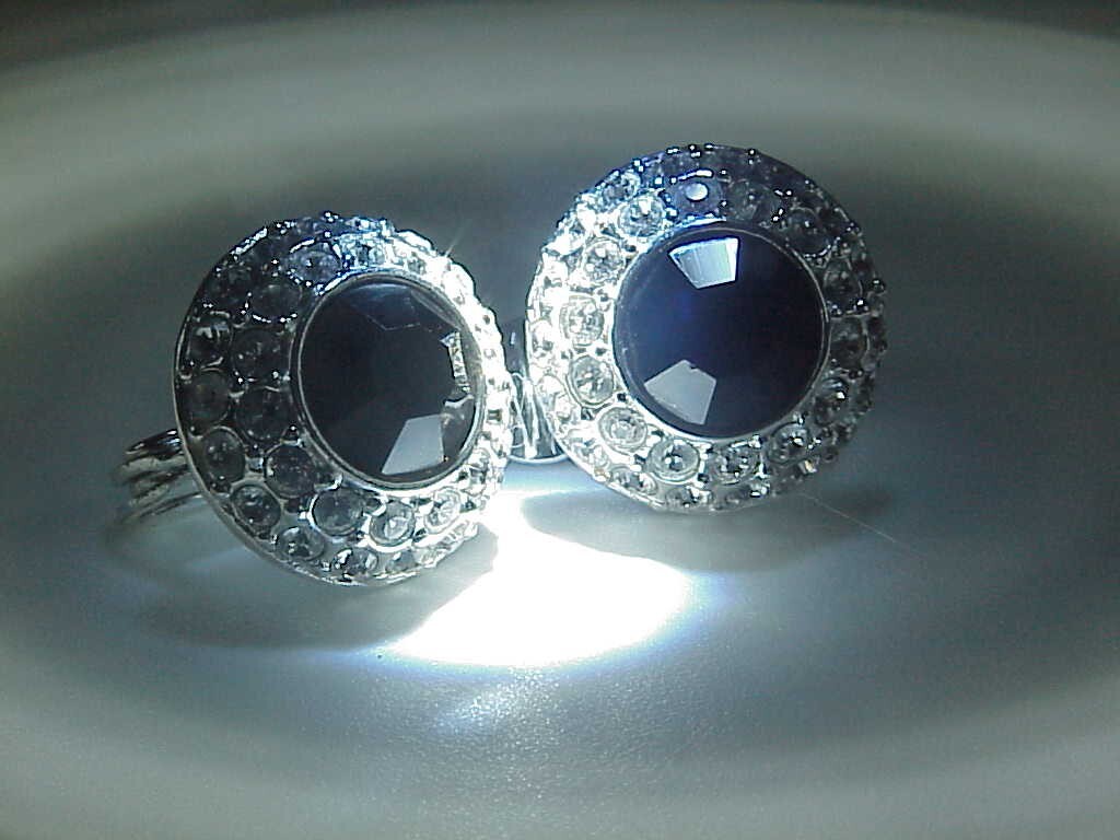 Vintage signed Monet silver tone faceted black glass with white rhinestones earr