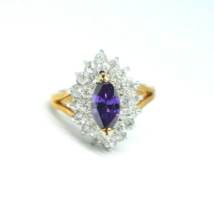 Purple Clear Glass Rhinestone Cocktail 14kt Gold Plated HGE Ring Size 7.5